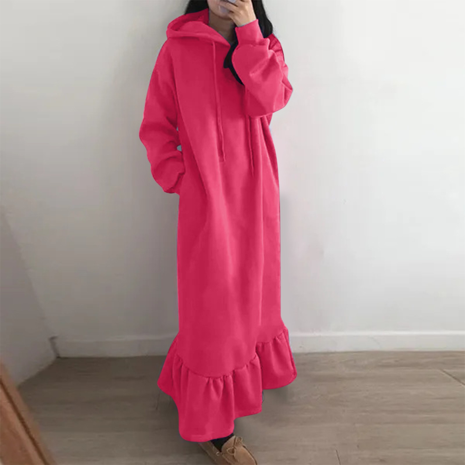 thumbnail image 2 of Vestido holgado de manga larga con capucha y estampado liso para mujer talla grande - Vestido informal tipo sudadera con bolsillos, primavera/otoño/invierno, 2 of 5